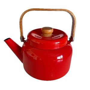 Vintage Red Enamel Teapot Wood Handle Retro Cherry Cottage Core 80s Tea Kettle